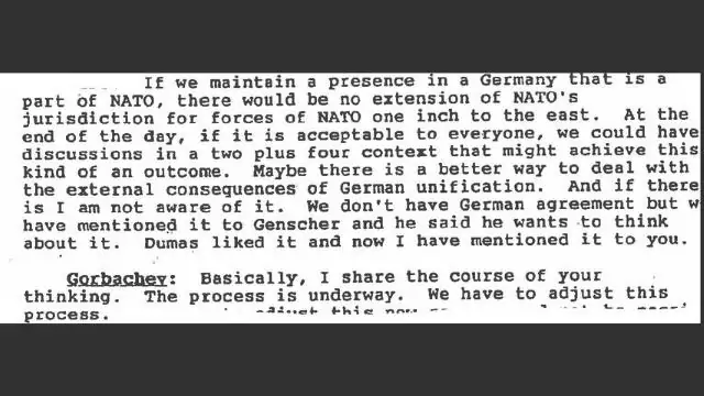 Extrait de la transcription de la conversation Baker-Gorbatchev du 9 février 1990 : on y trouve la célèbre expression "pas un pouce à l'est". Source : Archives de la sécurité nationale.